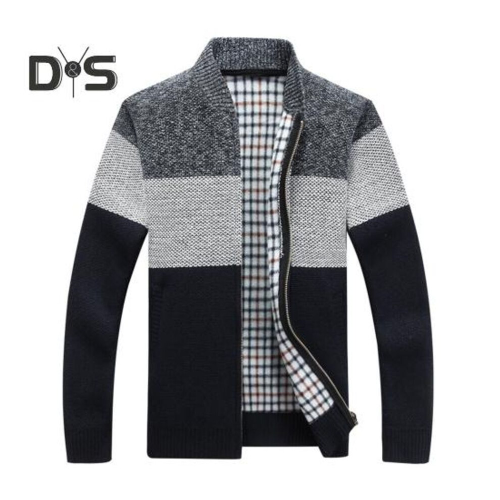(dark gray, M) Men Sweater Coat Thick Plush Colorblock Zipper Closure Stand Collar Knitted Loose Keep Warm Jacket Autumn Winter Cardigan Outerwear