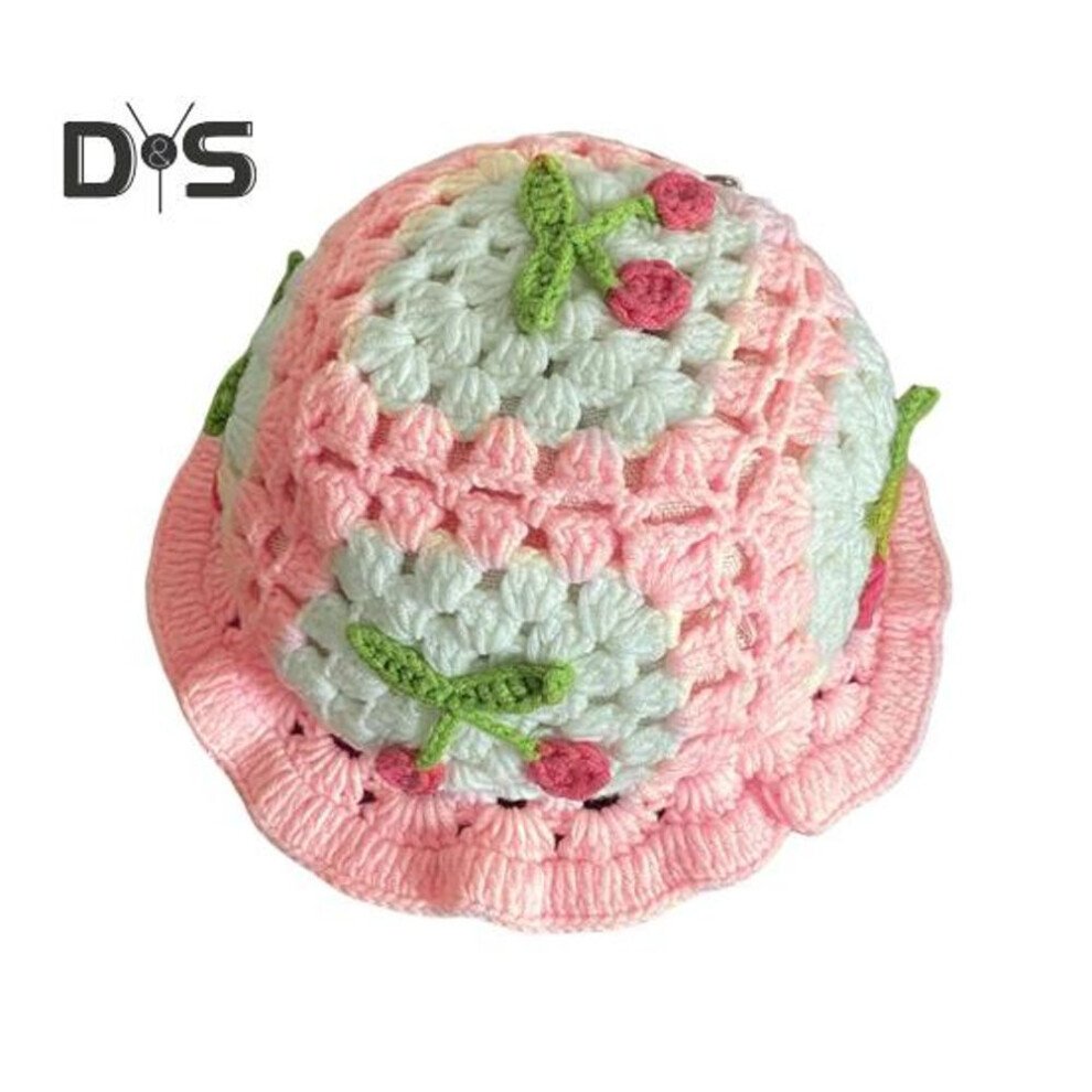 (pink) Cartoon Woolen Hat Cherry Applique Knit Hat Candy Color Children Headwear Bucket Hat Kids Photography Crochet Hat Birthday Parties Outdoor Cap