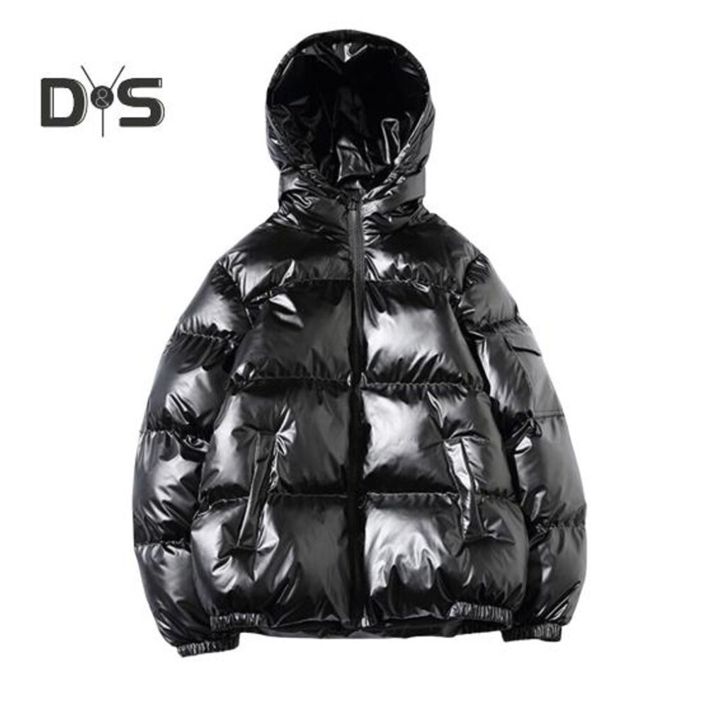 (black, XL) Men Cotton Coat Hooded Long Sleeve High Gloss Surface Quilted Jacket with Pockets Loose Fit Thickened Warm Short Outerwear