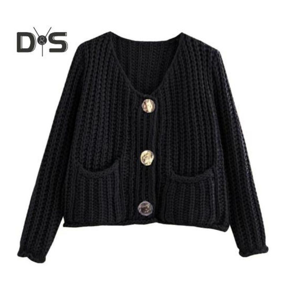(M, black) Knit Cropped Cardigan Sweater V-Neck Long Sleeve Buttons Down Loose Fit Sweater Coat with Pockets Solid Color Knitwear