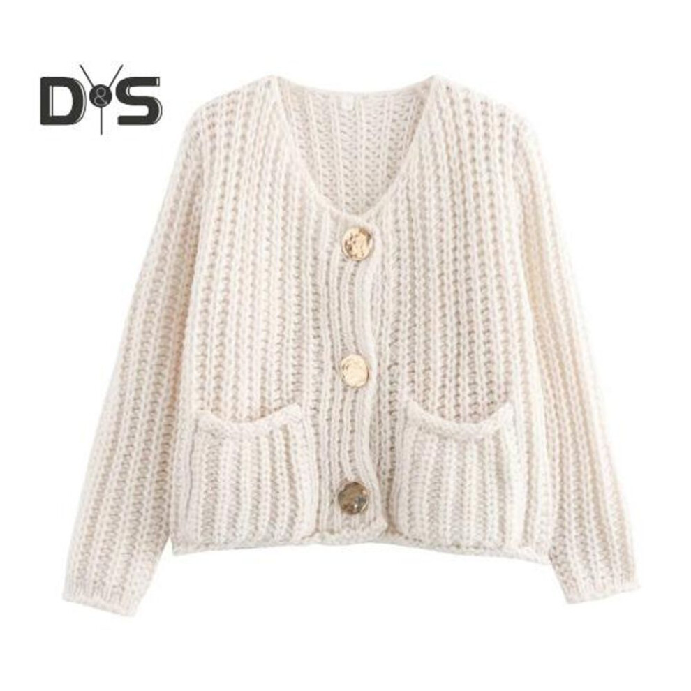 (XL, white) Knit Cropped Cardigan Sweater V-Neck Long Sleeve Buttons Down Loose Fit Sweater Coat with Pockets Solid Color Knitwear