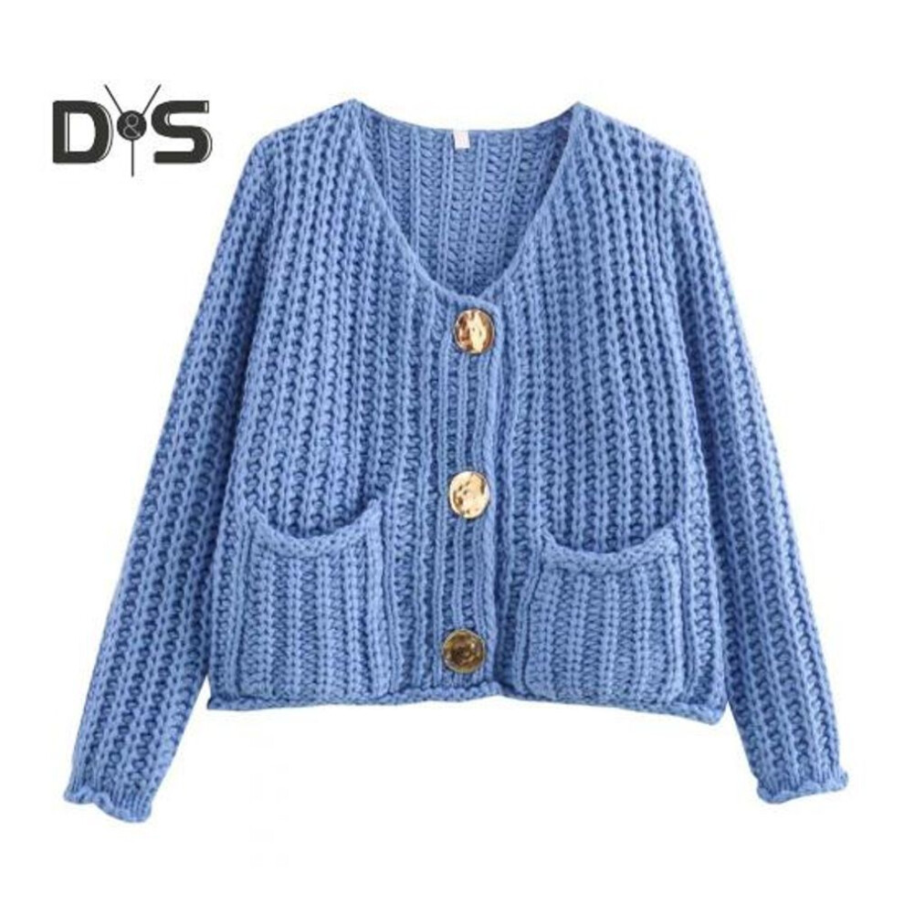(L, sky blue) Knit Cropped Cardigan Sweater V-Neck Long Sleeve Buttons Down Loose Fit Sweater Coat with Pockets Solid Color Knitwear