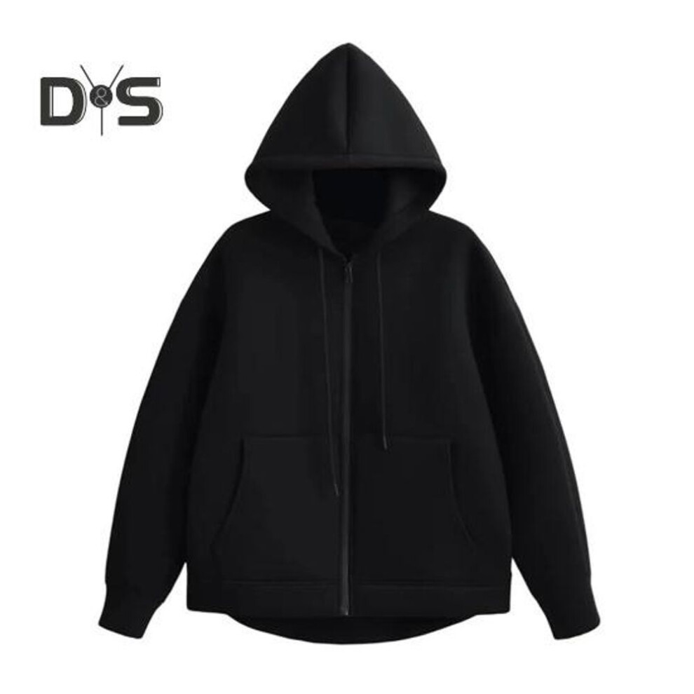 (M, black) Women Fall Winter Hoodie Thick Hooded Zipper Closure Long Sleeves with Big Pockets Solid Color Loose Elastic Cuffs Drawstring Sport Coat