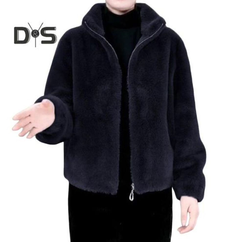 (dark gray, 2XL) Women Winter Coat Thick Faux Fur Turn-down Collar Short Type Zip-up Cardigan Long Sleeves Cold-proof Outerwear School Outdoor Jacket