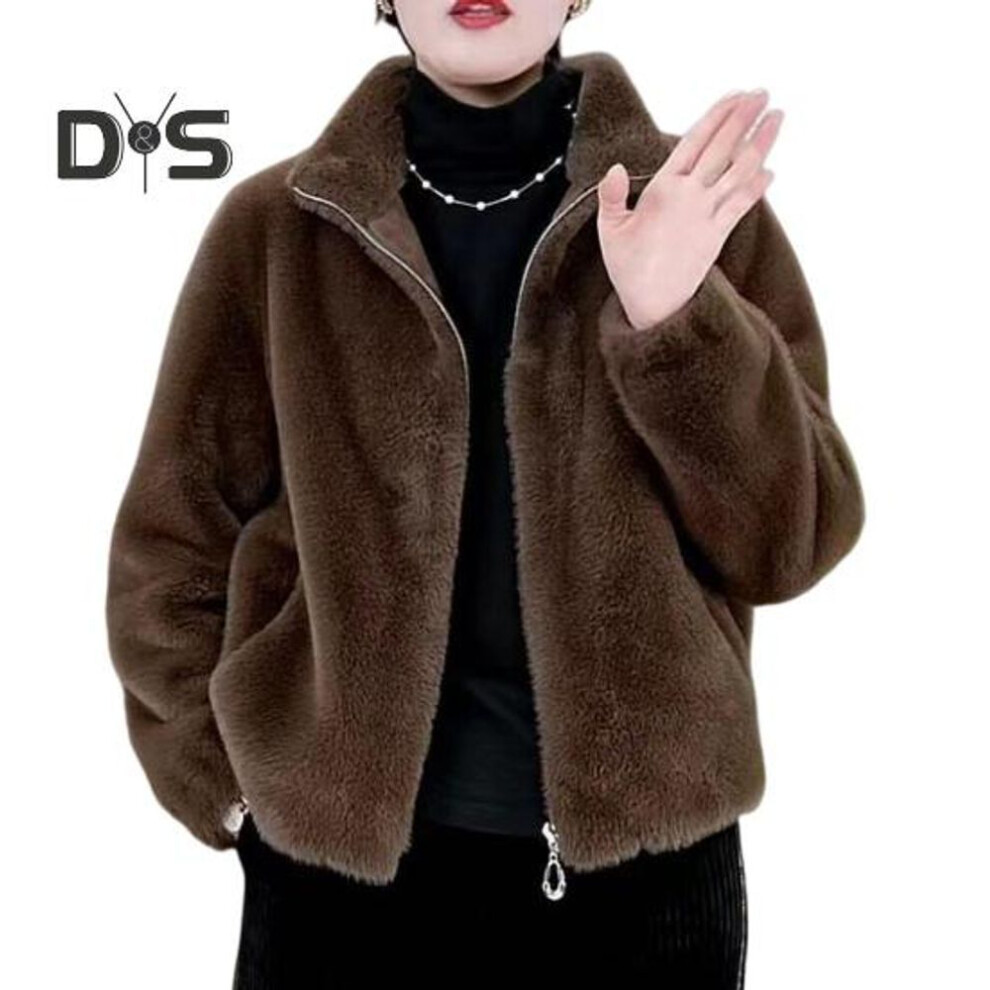 (coffee, 4XL) Women Winter Coat Thick Faux Fur Turn-down Collar Short Type Zip-up Cardigan Long Sleeves Cold-proof Outerwear School Outdoor Jacket