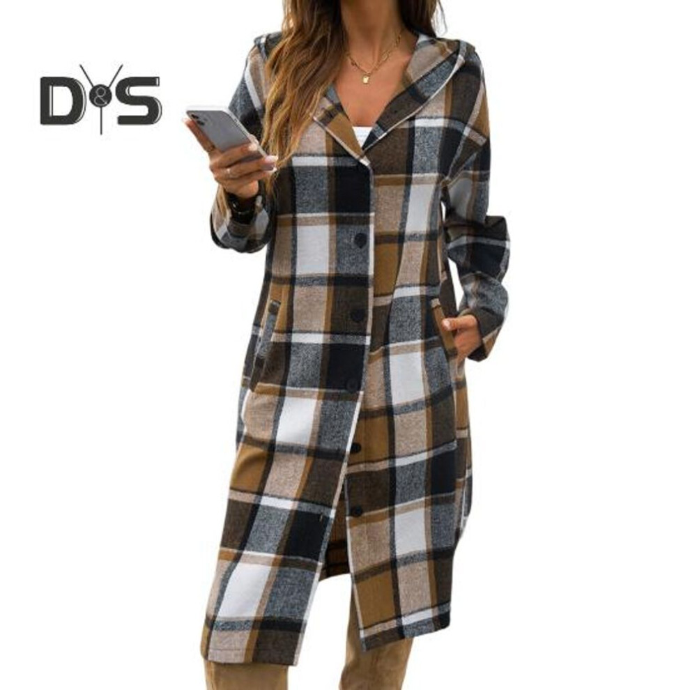 (khaki, S) Women Spring Fall Coat With Hood Plaid Printing Loose Mid Length Long Sleeve Outerwear Single-breasted Contrast Color Jacket With Pockets