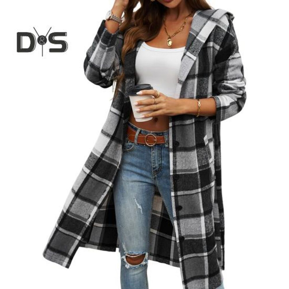 (grey, XL) Women Spring Fall Coat With Hood Plaid Printing Loose Mid Length Long Sleeve Outerwear Single-breasted Contrast Color Jacket With Pockets