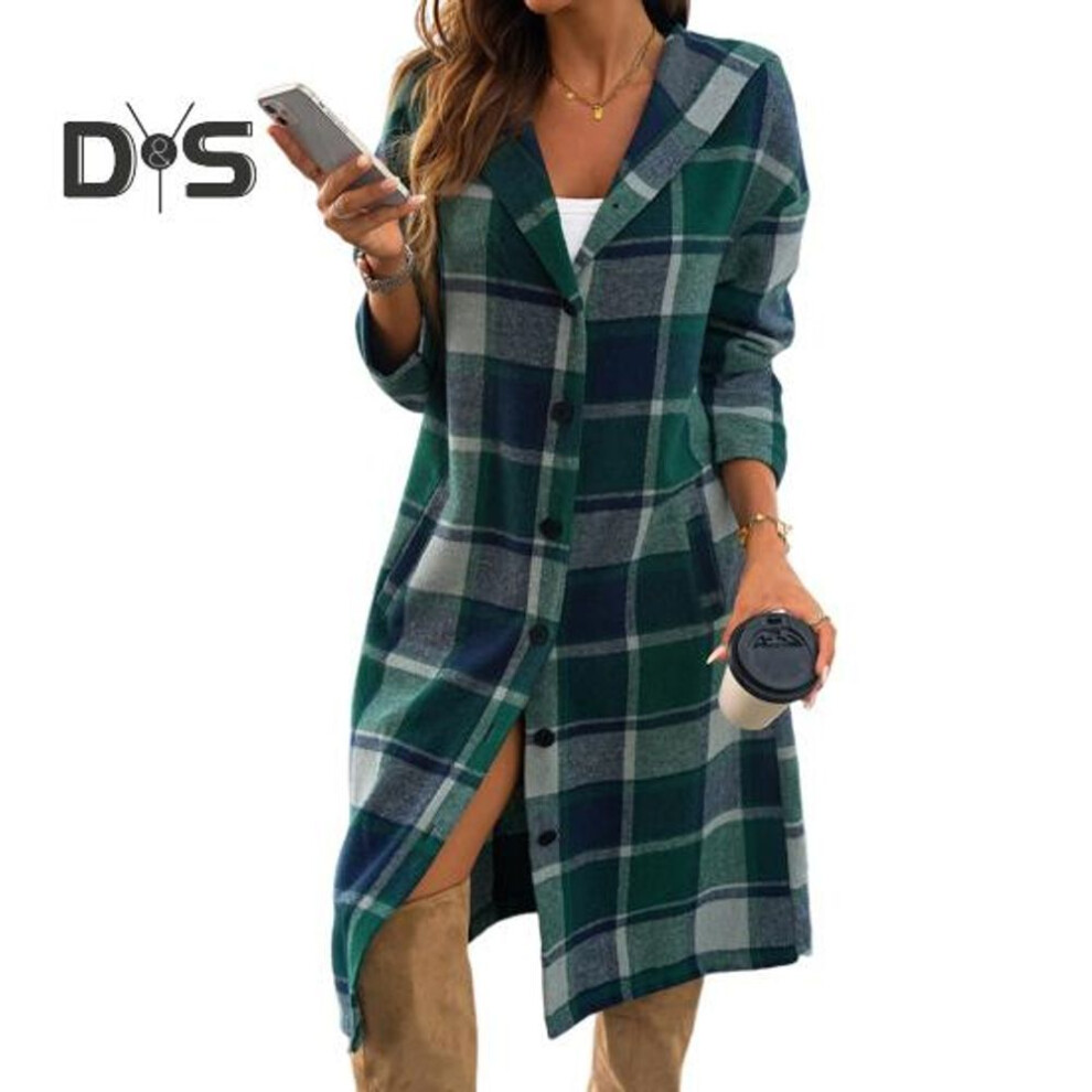 (green, L) Women Spring Fall Coat with Hood Plaid Printing Loose Mid Length Long Sleeve Outerwear Single-breasted Contrast Color Jacket with Pockets