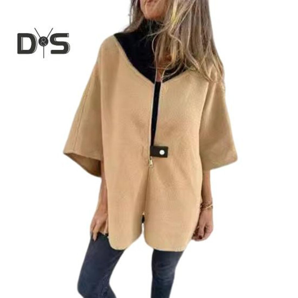 (camel, L) Lady Spring Fall Coat Stand Collar Zipper Closure Loose 3/4 Sleeves Jacket Cardiagn Colorblock Daily Wear Parties Office Top