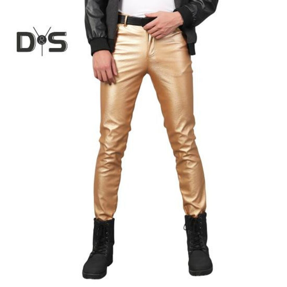(golden, M) Men Faux Leather Pants Mid Waist Slim Fit Smooth Button Zipper Placket Solid Color Waterproof Hip Hop Style Streetwear Party Club Performance Trousers