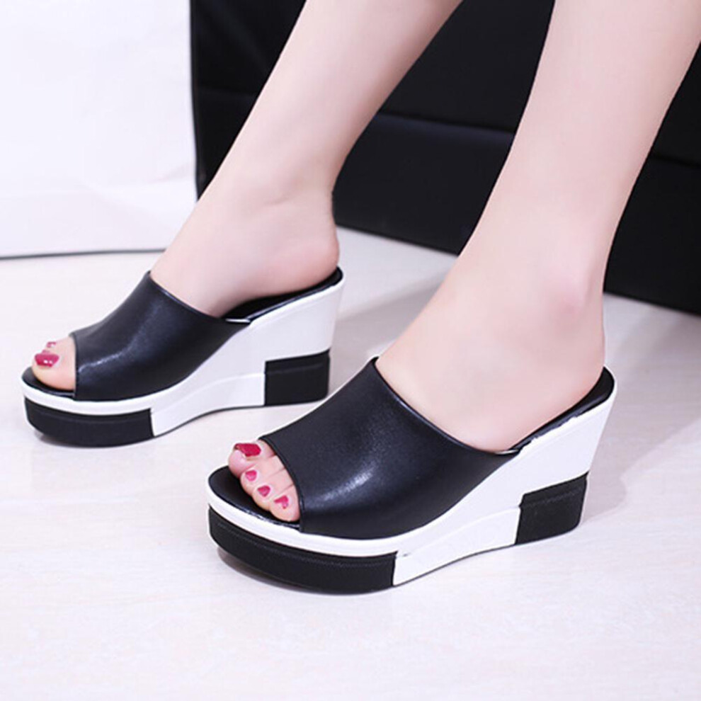 (Black,35)Chaussons été femme couleur unie compensés cuir plateforme talon haut peep bout