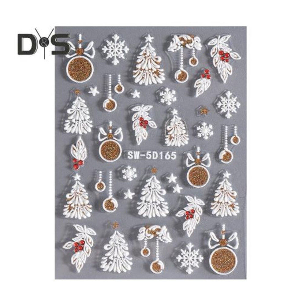 (as the picture, B) 1 Sheet Christmas Nail Art Sticker Waterproof 3D Embossment Santa Claus Snowman Elk Snowflake Christmas Tree Ball Fake Nail Decoration Decal