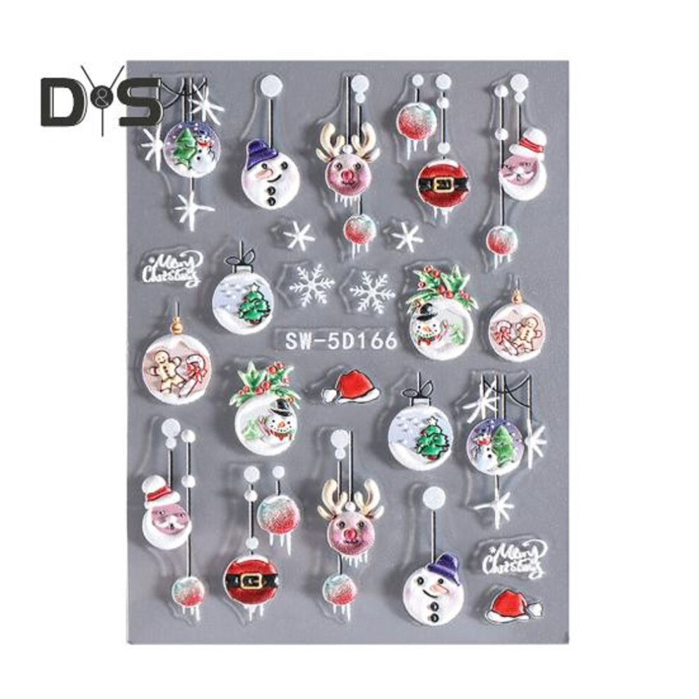 (as the picture, C) 1 Sheet Christmas Nail Art Sticker Waterproof 3D Embossment Santa Claus Snowman Elk Snowflake Christmas Tree Ball Fake Nail Decoration Decal
