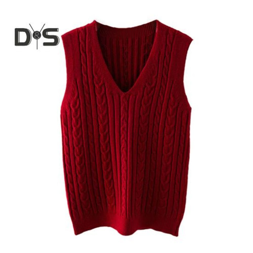 (2XL, red) Women Knitting Vest V-neck Sleeveless Twist Texture Pullover Sweater Solid Color Casual Sweater Vest Daily Wear