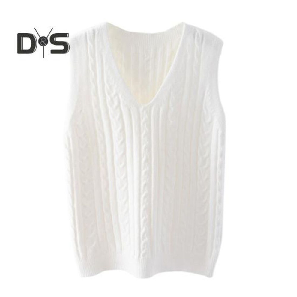 (XL, white) Women Knitting Vest V-Neck Sleeveless Twist Texture Pullover Sweater Solid Color Casual Sweater Vest Daily Wear