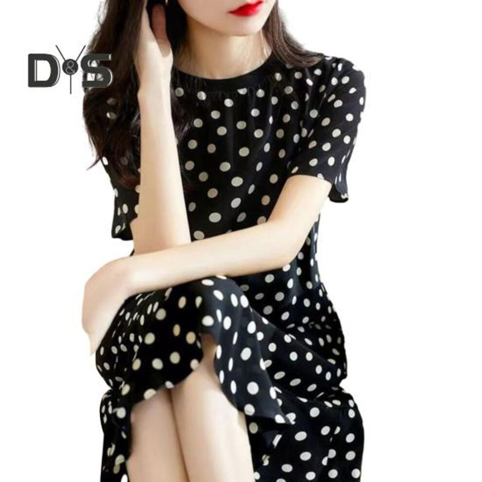 (black) Women Nightdress Loose Floral Print Round Neck Pleated Short Sleeves Knee Length Homewear Casual Midi Dress Lady Nightgown Midi Dress