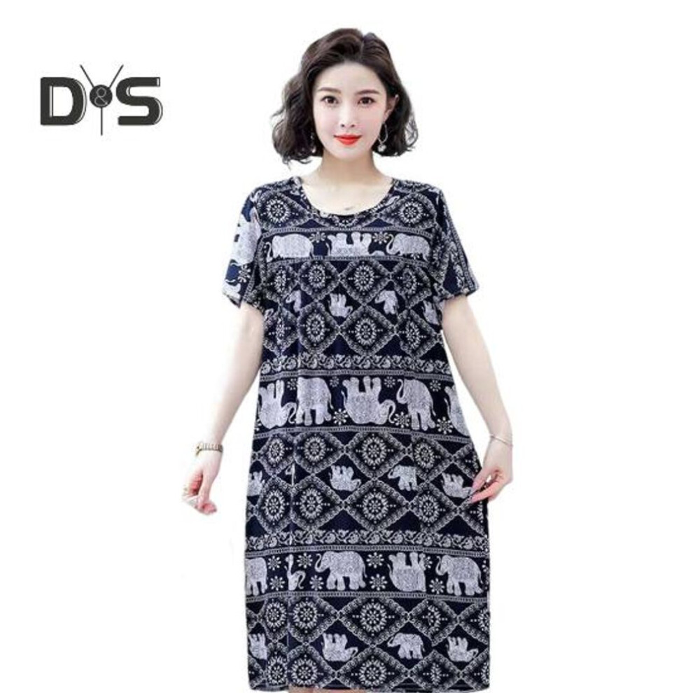 (black white) Women Nightdress Loose Floral Print Round Neck Pleated Short Sleeves Knee Length Homewear Casual Midi Dress Lady Nightgown Midi Dress