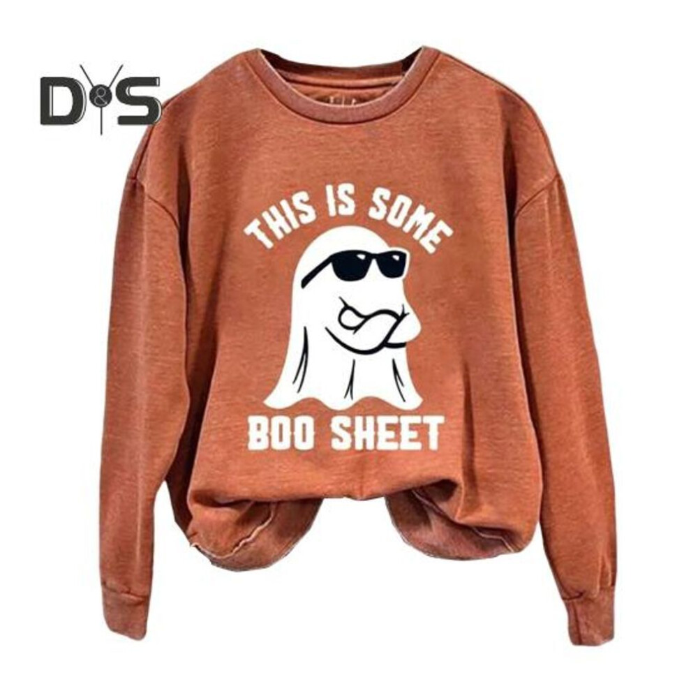 (XL, orange) Fall Spring Women Top Digital Cartoon Printing Round Neck Long Sleeves Pullover Loose Halloween Sweatshirt Sport Daily Wear Clothes