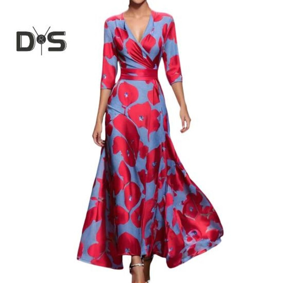 (red, M) Fall Spring Maxi Dress Cross V Neck Three Quarter Sleeves Colorful Print A-line Big Swing Slim Waist Dating Shopping Banquet Long Dress