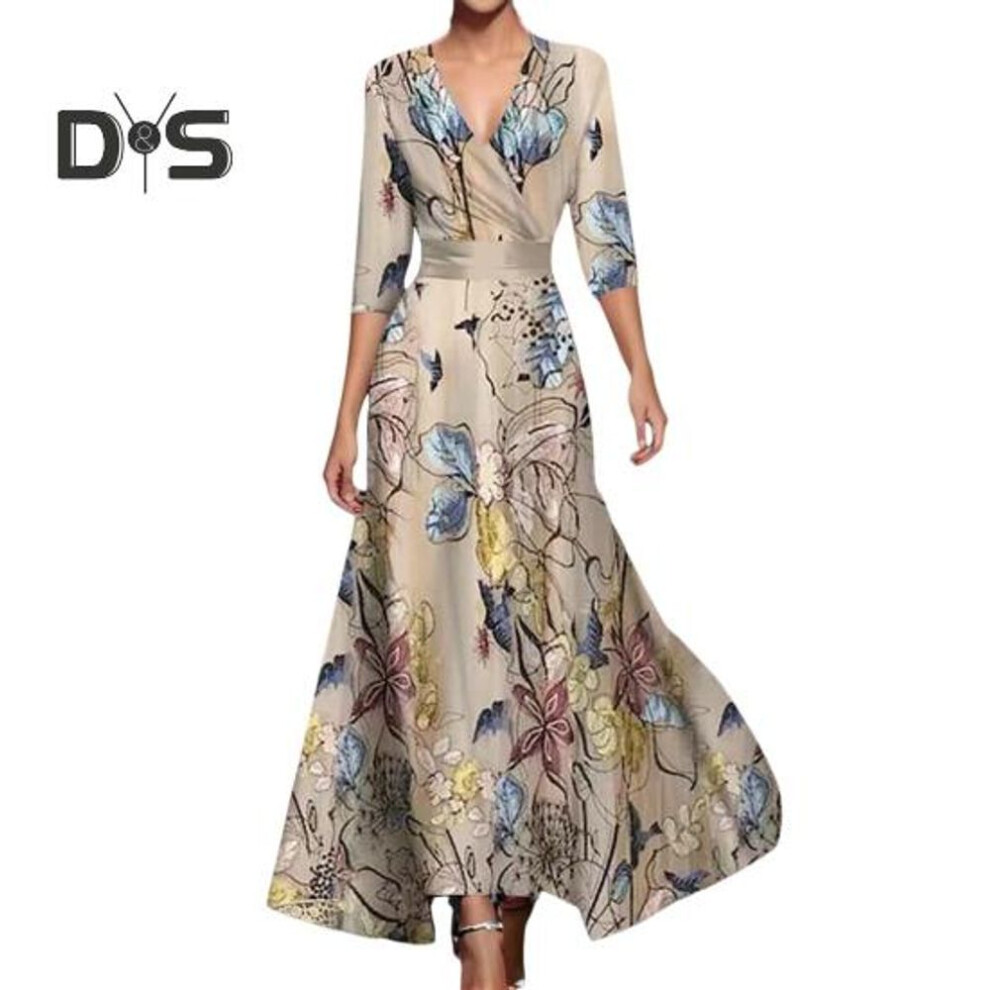 (champagne, L) Fall Spring Maxi Dress Cross V Neck Three Quarter Sleeves Colorful Print A-line Big Swing Slim Waist Dating Shopping Banquet Long Dress