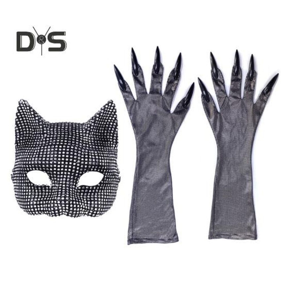 (as the picture, One Size Sets) Cat Girl Masque Rhinestone Masque Cat Paw Gloves Sexy Cosplay Dressing Prop Accessories Cat Woman Masquerade Gloves For Costume Parties