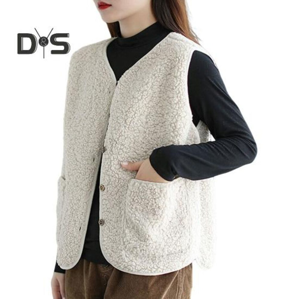 (apricot, XL) Fall Winter Women Vest Coat V Neck Fleece Single-breasted Double Pockets Sleeveless Cardigan Solid Color Daily Wear Office Waistcoat