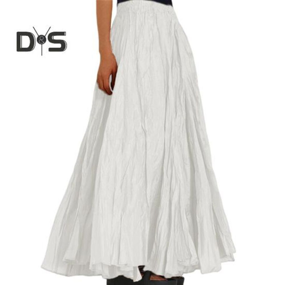 (M, white) Women Skirt Elastic High Waist Pleated Maxi Skirt Solid Color A-line Ankle-length Skirt Large Hem Long Skirt Work Leisure Wear