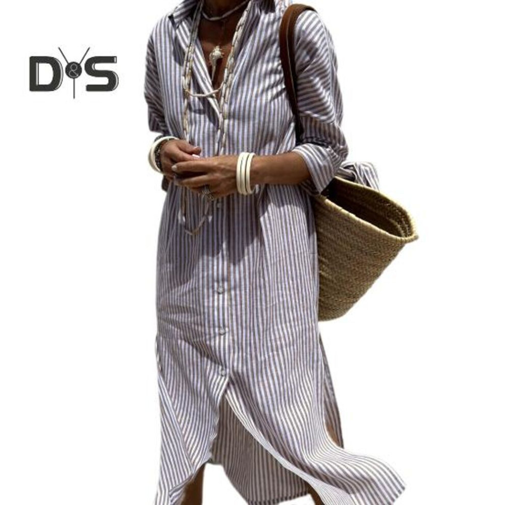 (light brown, S) Fall Spring Women Dress Shirt Type Turn-down Collar Three-quarter Sleeves A-line Single-breasted Lace-up High Waist Casual Split Hem Maxi Dress