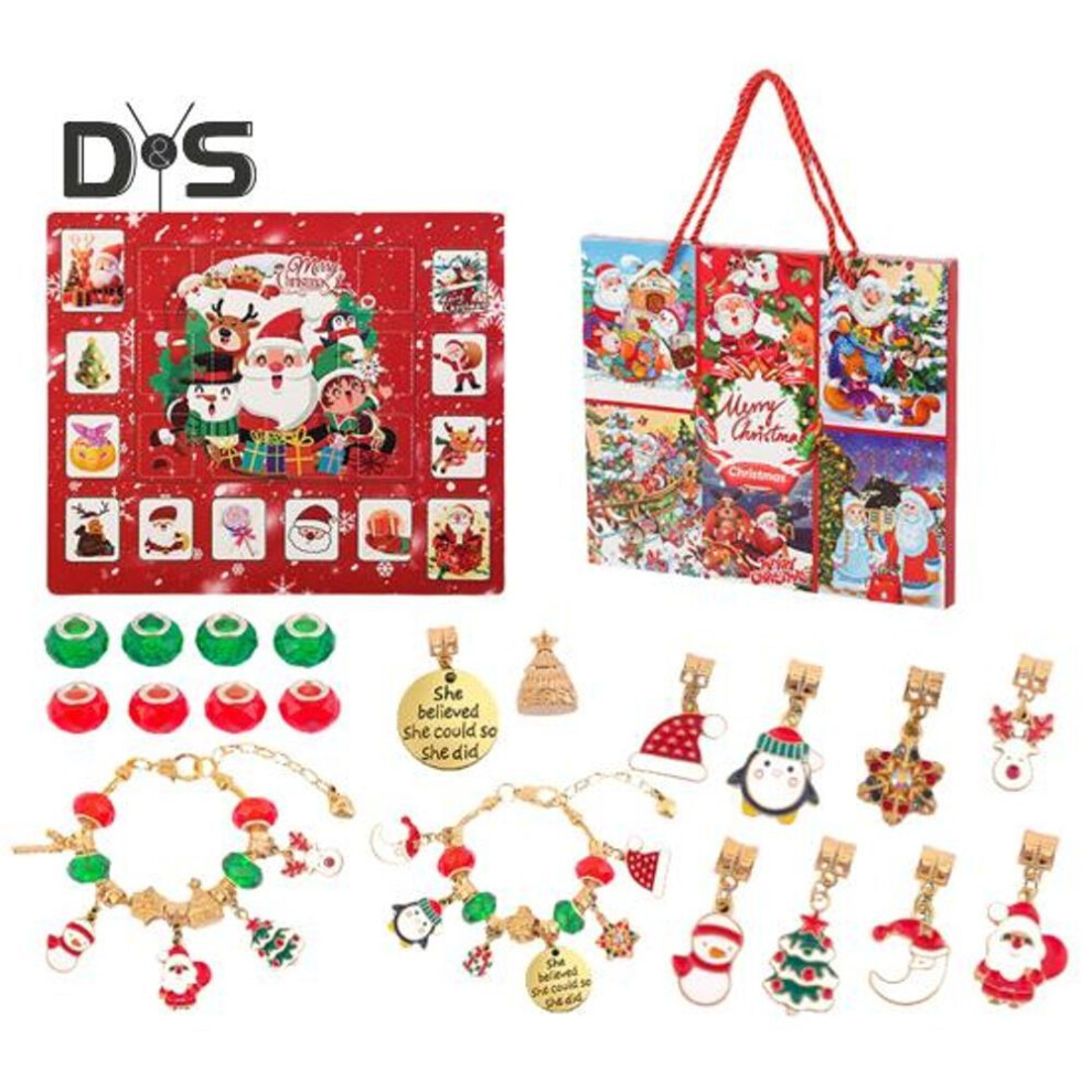 (as the picture, A) Christmas Countdown Calendar Bracelet Making Kit For Girls Diy Jewelry Beads Charms Set 24 Days Xmas Countdown Gift For Kids Teens