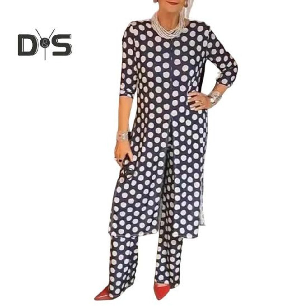 (navy blue, M) 2 Pcs/set Dress Pants Set Dot Print Round Neck Long Sleeves Split Hem Midi Dress Straight Wide Leg Slim Fit Trousers Set Casual Daily Wear Outfit