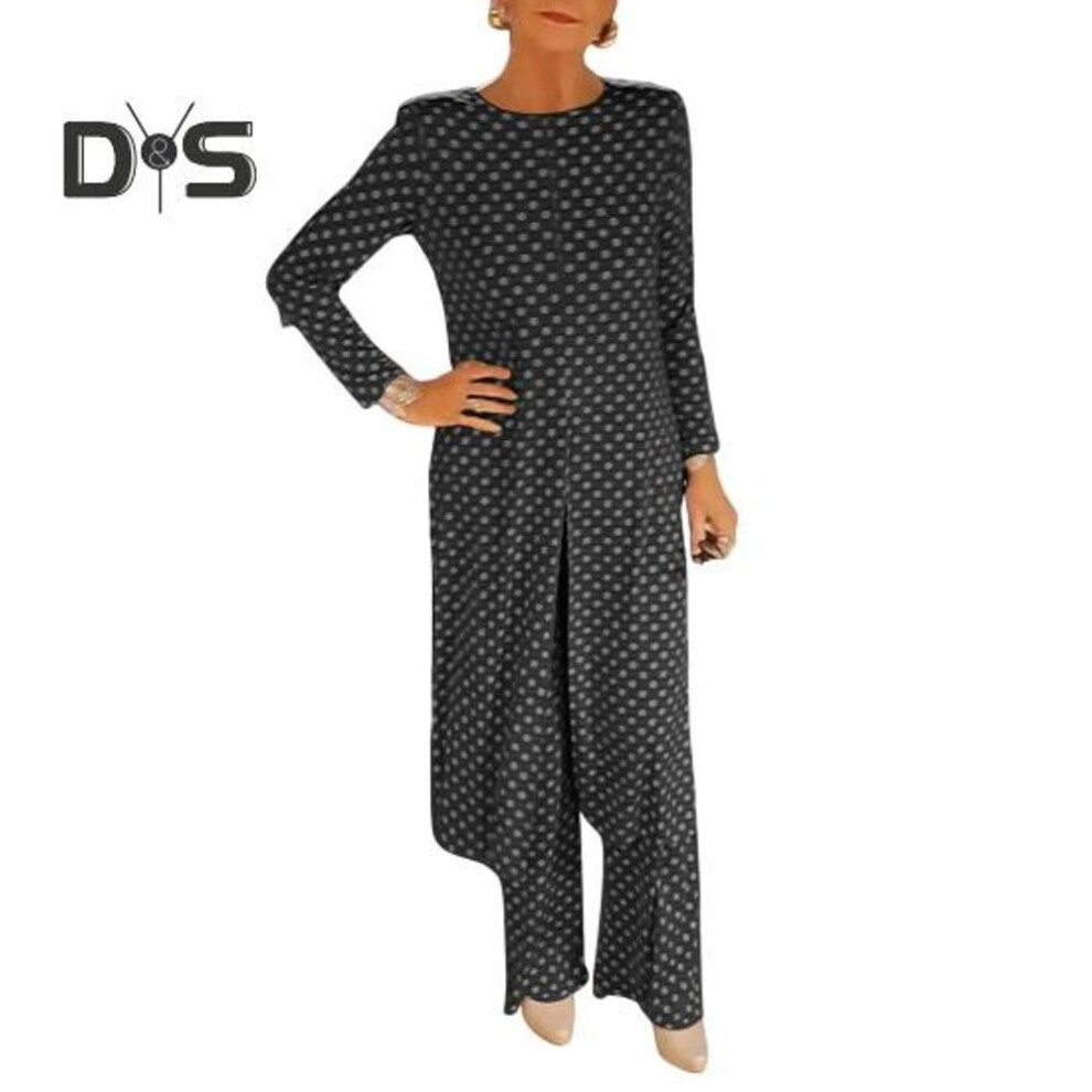 (black, XXXL) 2 Pcs/Set Dress Pants Set Dot Print Round Neck Long Sleeves Split Hem Midi Dress Straight Wide Leg Slim Fit Trousers Set Casual Daily Wear Outfit