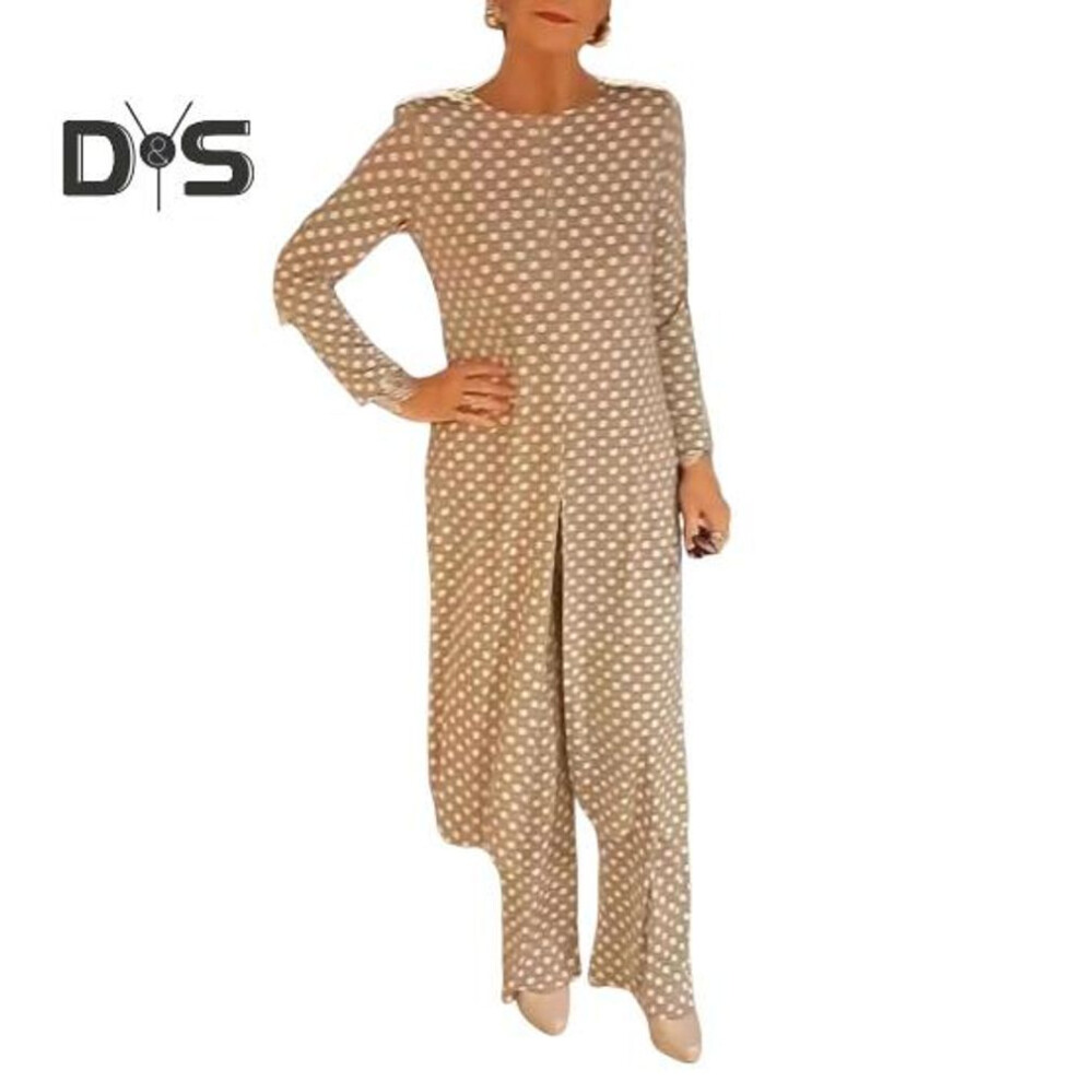 (khaki, S) 2 Pcs/set Dress Pants Set Dot Print Round Neck Long Sleeves Split Hem Midi Dress Straight Wide Leg Slim Fit Trousers Set Casual Daily Wear Outfit