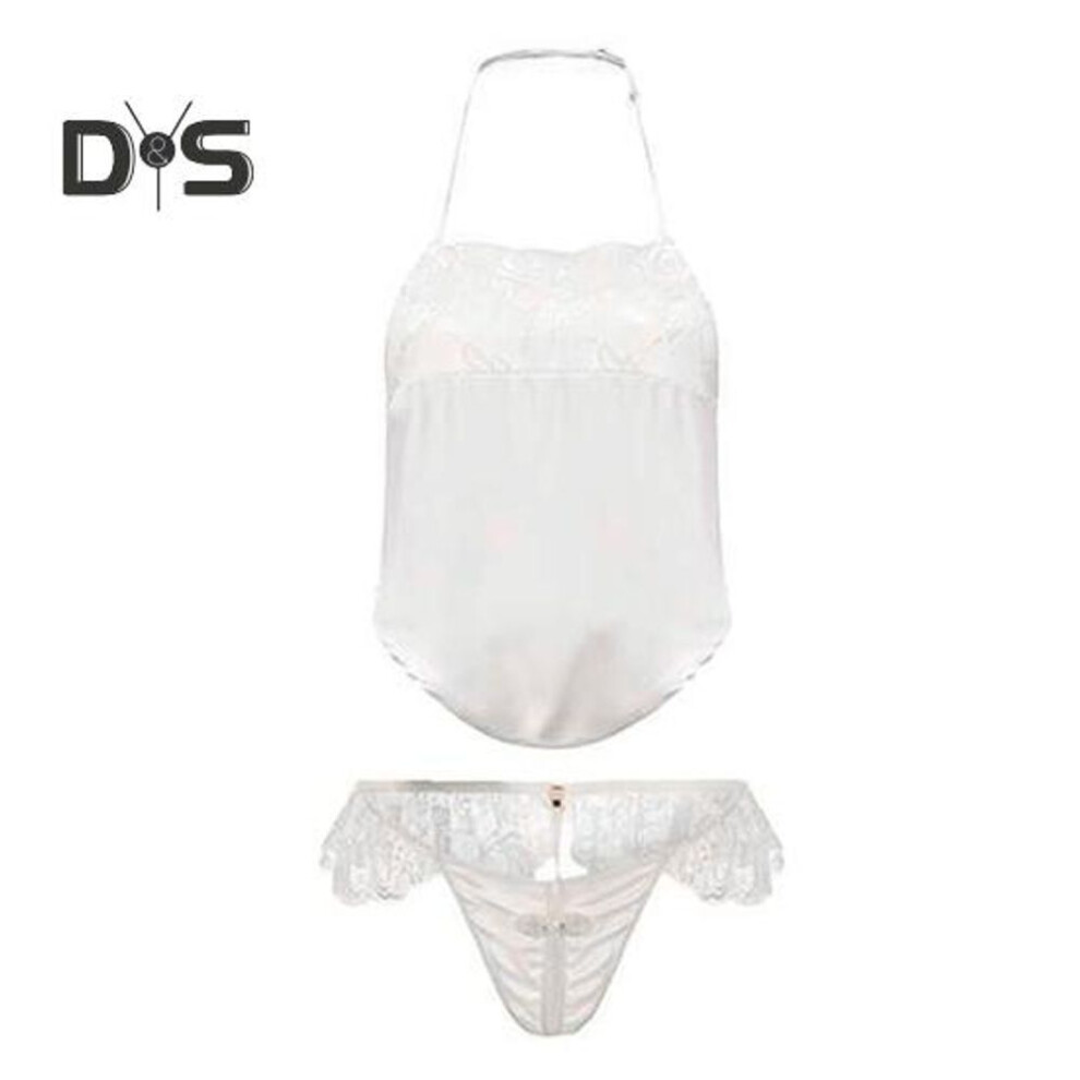 (white) 2 Pcs/Set Women Underwear Set Retro Lace Shirring Lace-up Halter Neck Backless Open Crotch Solid Color Seductive Nightie Honeymoon Bedroom Intimate
