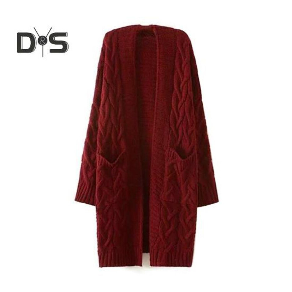 (wine red) Women Knitting Cardigan Long Sleeve Ribbed Trim Open Front Sweater Coat with Pockets Twist Texture Mid-Length Loose Fit Sweater Coat
