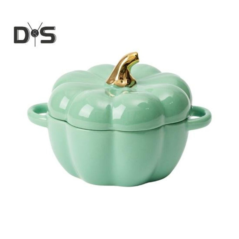 (green) Pumpkin Bowl With Double Handles Stackable Ceramic Pumpkin Soup Bowls Glossy Enamel Pumpkin Snack Container For Baking Serving Halloween Gift