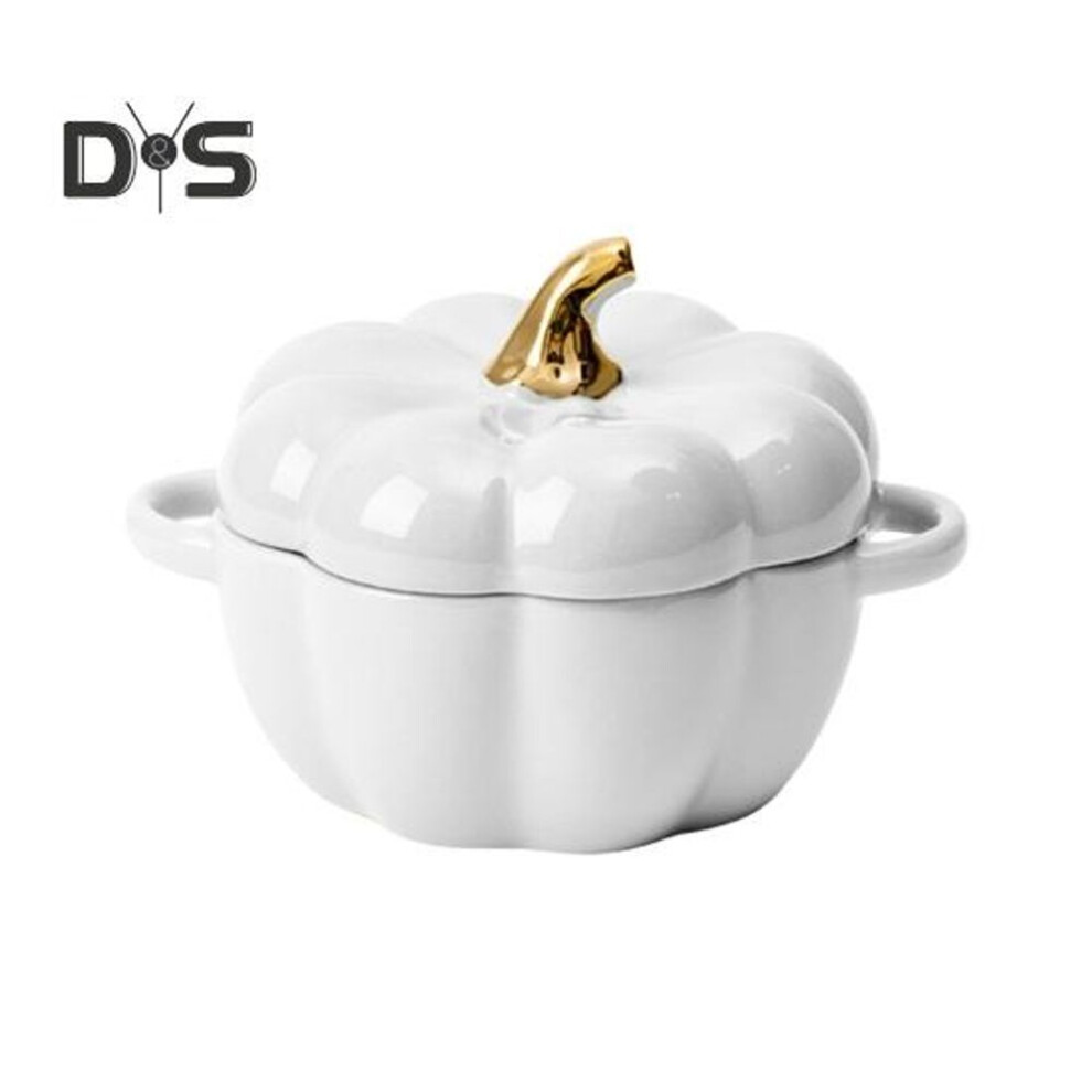 (white) Pumpkin Bowl With Double Handles Stackable Ceramic Pumpkin Soup Bowls Glossy Enamel Pumpkin Snack Container For Baking Serving Halloween Gift
