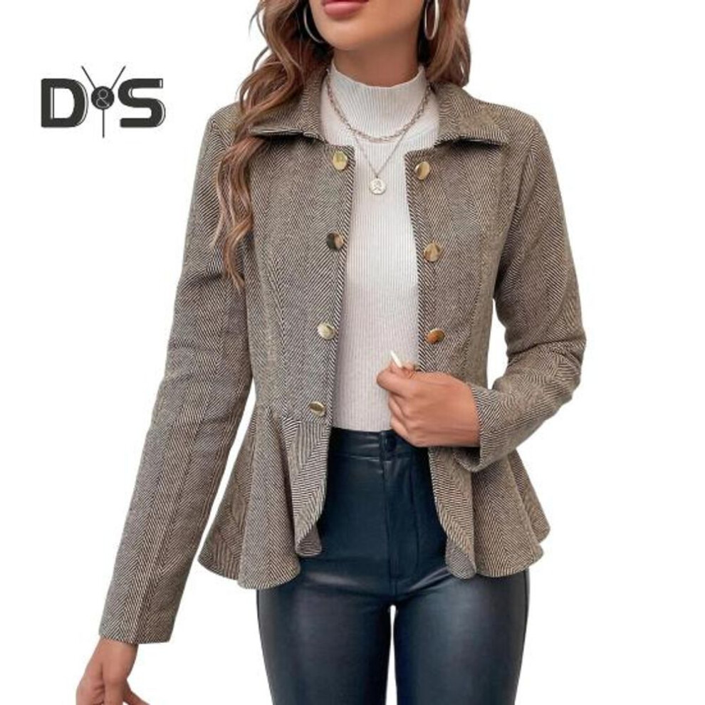 (camel, M) Women Casual Suit Coat Lapel Long Sleeve Double Breasted Suit Jacket Ruffle Hem Striped Print Business Outwear