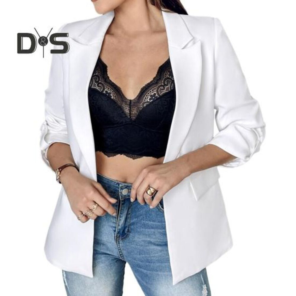 (white, L) Women Suit Coat Lapel Long Sleeve Flap Pockets Suit Jacket Solid Color Open Front Office Lady Business Outwear
