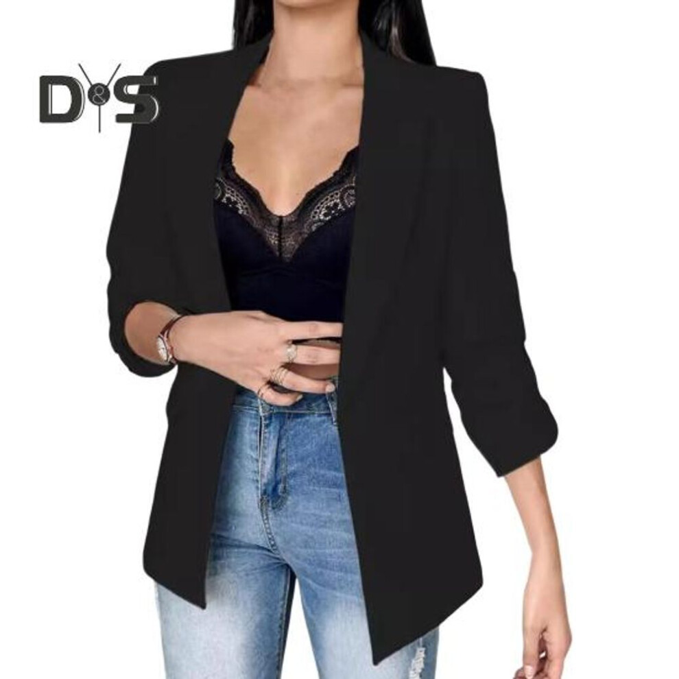 (black, L) Women Suit Coat Lapel Long Sleeve Flap Pockets Suit Jacket Solid Color Open Front Office Lady Business Outwear