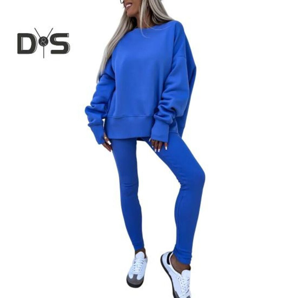 (blue, S) 2 Pcs/set Women Top Pants Suit Round Neck Long Sleeve Irregular Hem Sweatshirt Elastic Waist Solid Color Trousers Winter Daily Wear Tracksuit