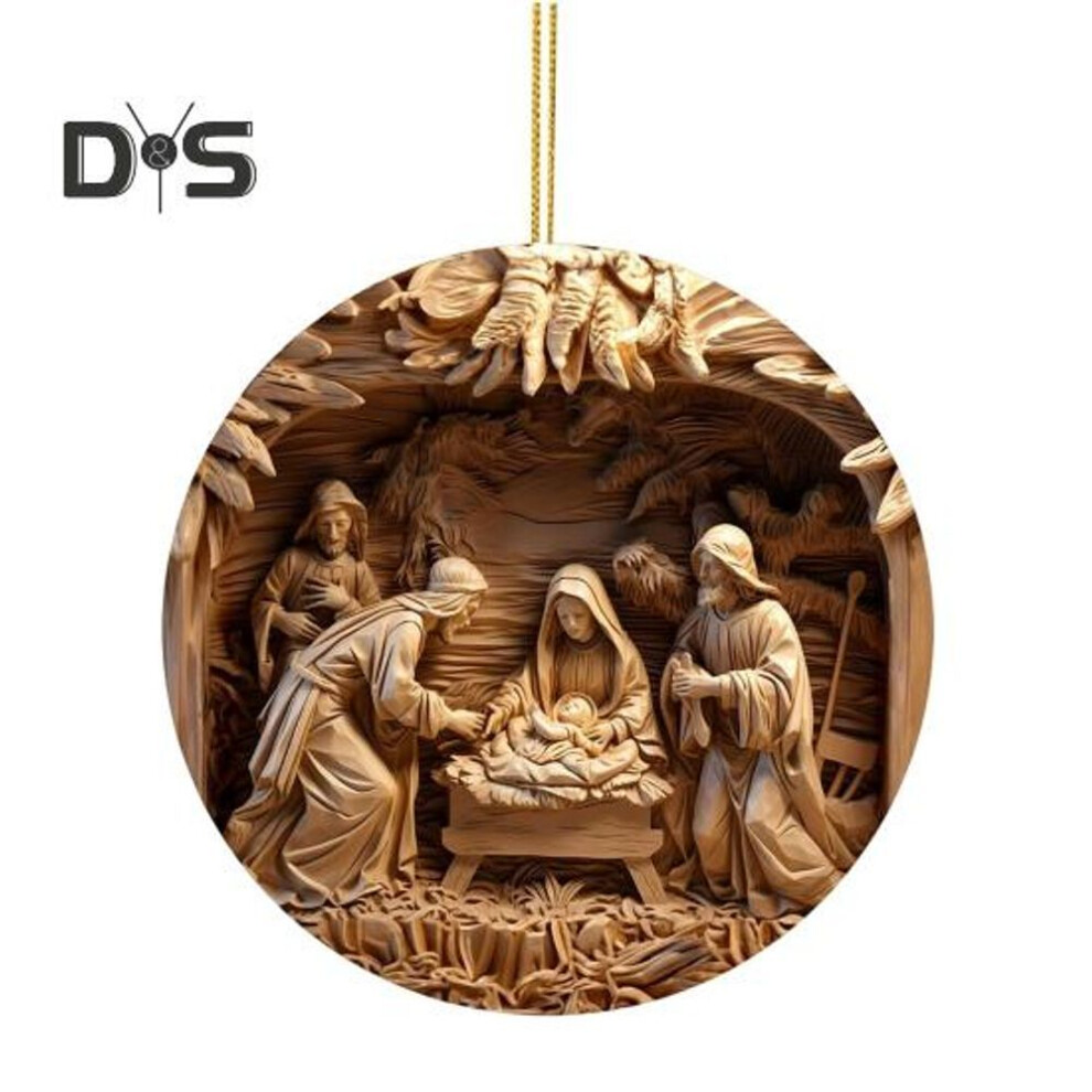 (as the picture, A) Nativity Scene Ornaments Round Birth Of Jesus Hanging Decoration Holy Religious Gifts Christian Christmas Tree Ornament