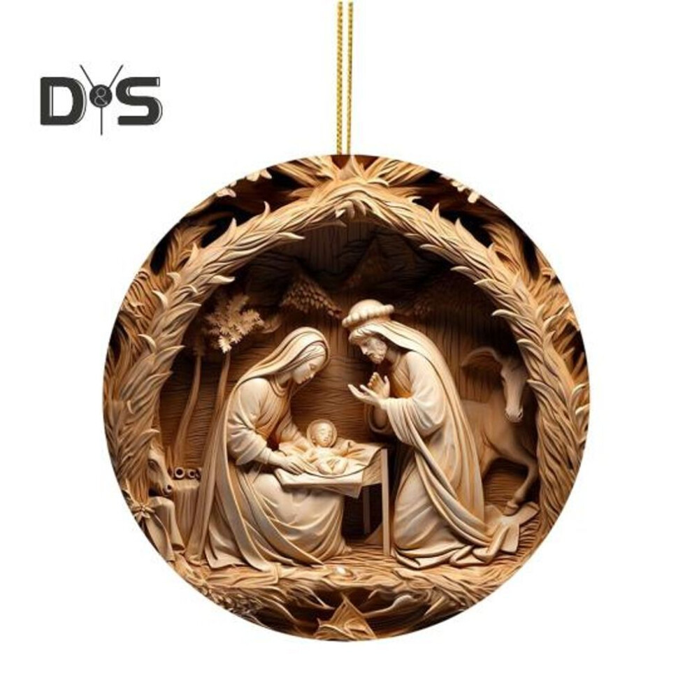 (as the picture, E) Nativity Scene Ornaments Round Birth of Jesus Hanging Decoration Holy Religious Gifts Christian Christmas Tree Ornament