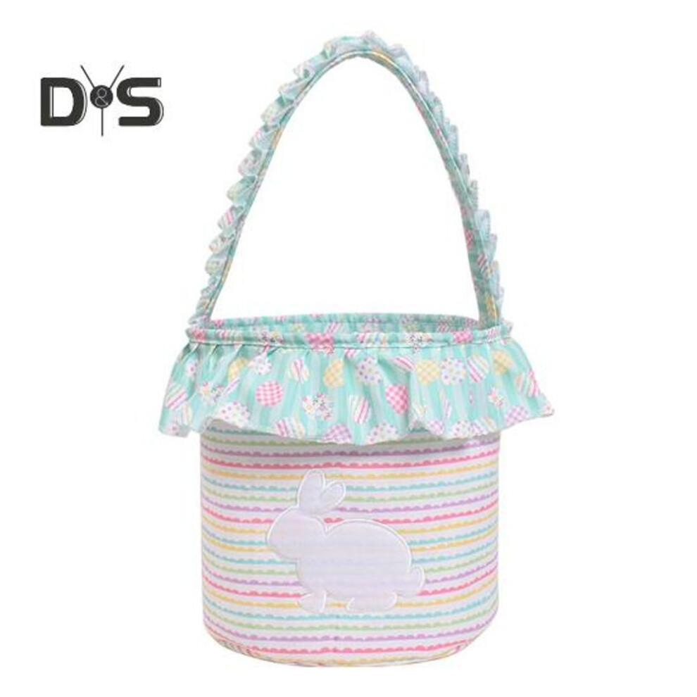 (as the picture, A) Easter Bunny Basket Reusable Fabric Easter Bucket Ruffled Storage Basket With Handle For Kids Easter Egg Hunt