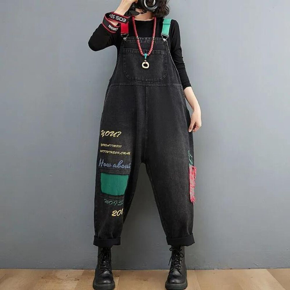 (M, black) Letter Embroidered Denim Overalls Women's Korean Version of The Net Red Age-reducing Loose and Thin Casual Harlan One-piece Trousers