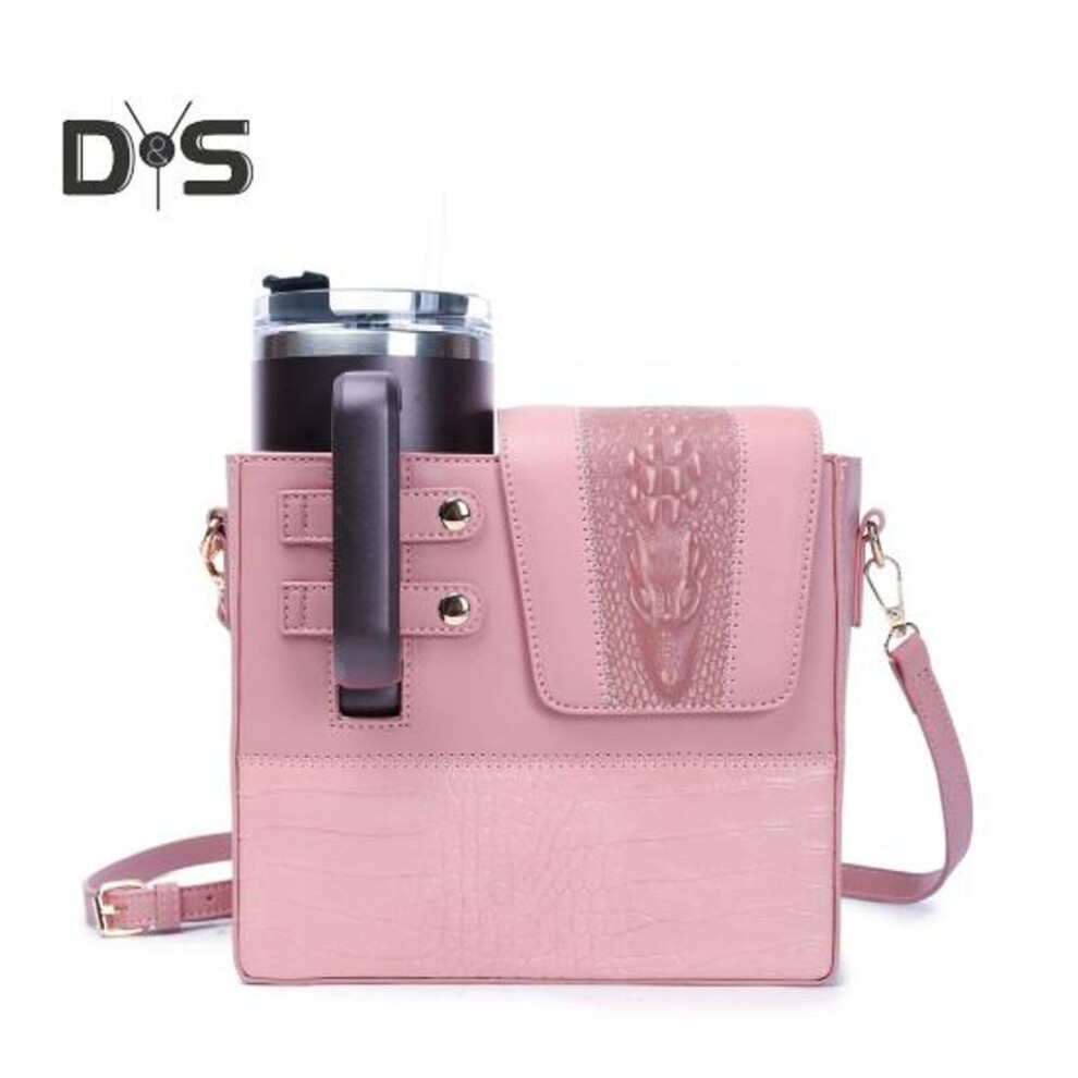 (pink) Crossbody Bag With Insulated Lining Crocodile Texture Adjustable Strap Water Bottle Holder Solid Color Faux Leather Shoulder Bag For Travel Commuting