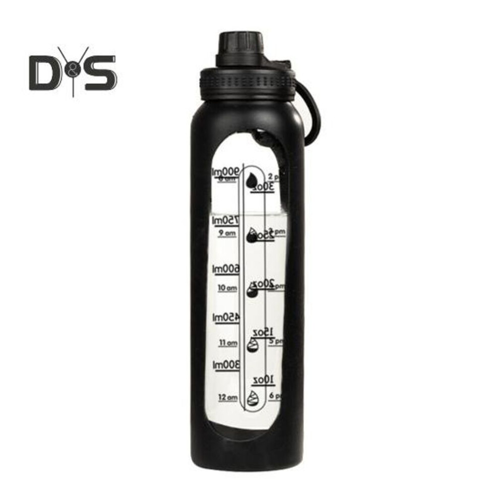 (black) Glass Water Bottle with Silicone Sleeve Time Marker 1000ml Leakproof Borosilicate Water Cup for Sports Fitness Office BPA-Free Hot Cold Drinks Gift
