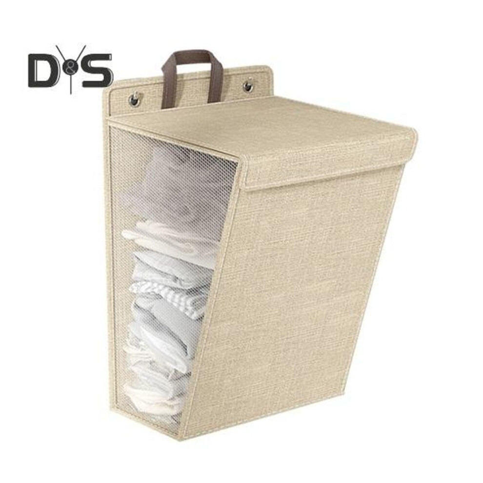 (beige, M) Laundry Storage Bag Clothes Hamper With Lid Dustproof Water Resistant Handle Design Clothes Laundry Basket Wall Hanging Organizer