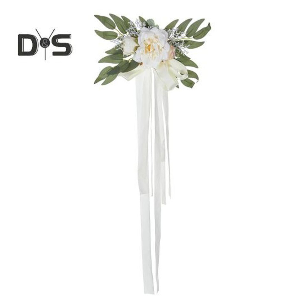 (beige) Artificial Wedding Chair Back Flower with Eucalyptus Leaves Wedding Aisle Decor Ceremony Pew Bench Floral Ribbons Decoration for Wedding Party