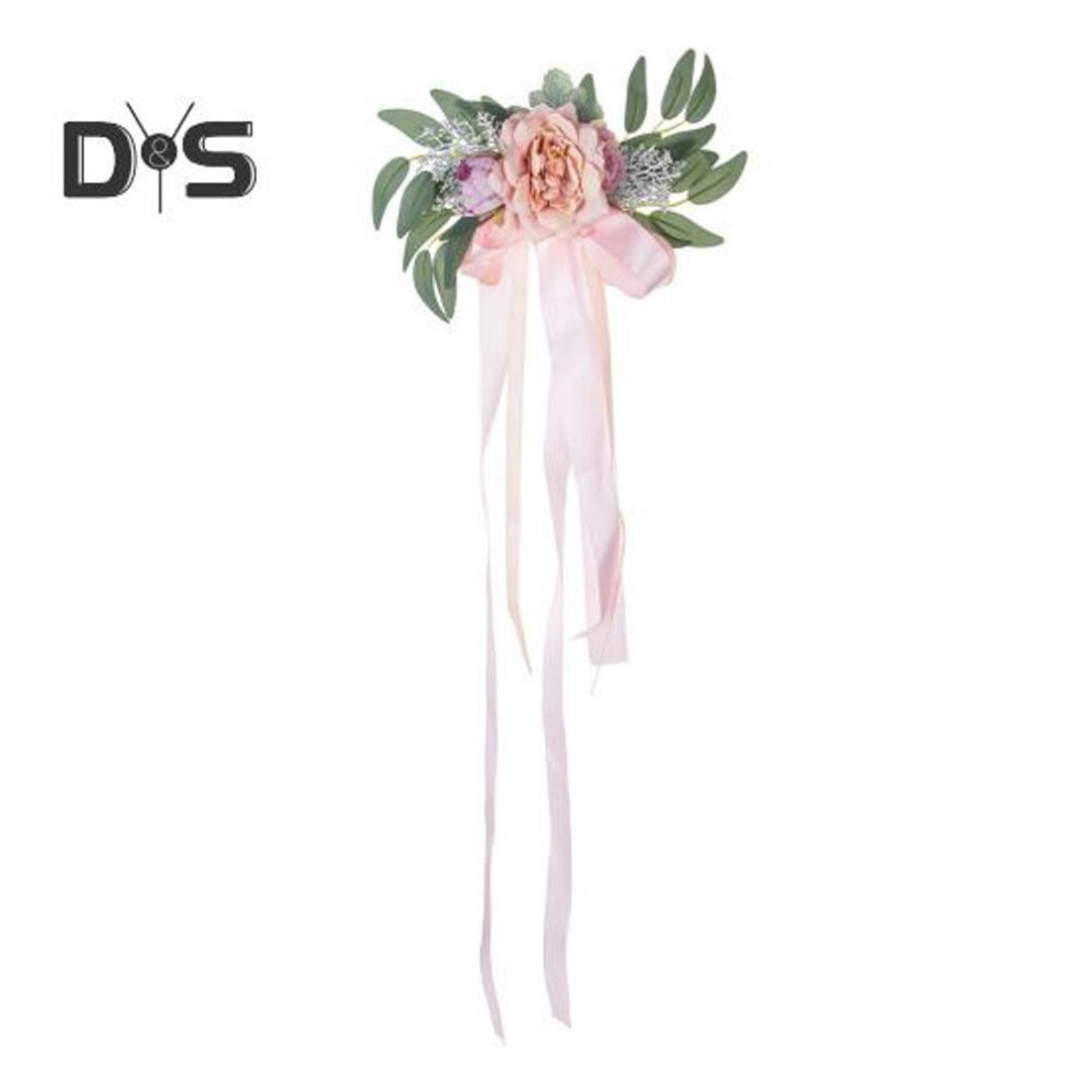 (pink) Artificial Wedding Chair Back Flower With Eucalyptus Leaves Wedding Aisle Decor Ceremony Pew Bench Floral Ribbons Decoration For Wedding Party