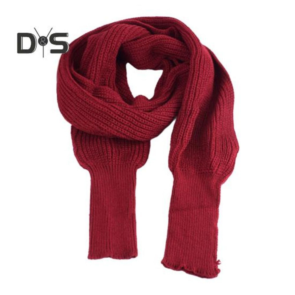 (wine red) Women Knitted Scarf with Sleeve Fall Winter Warm Shawl Wrap Cardigan Solid Color Thickened Long Knitting Shawl